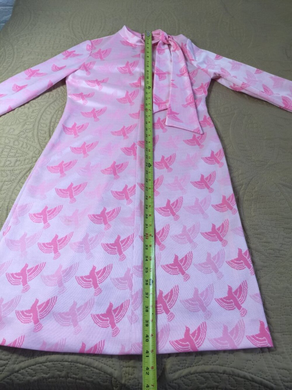 Rare Vtg 60s Leslie Fay Knits Pink Mod Shift Dress, Bird Novelty Print Bow, ILGW - Picture 6 of 12